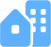 A blue house and some buildings are sitting in front of a black background.